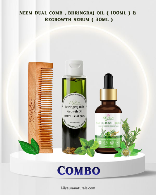Bhringraj Hair Growth Oil 100ml + Hair Regrowth Serum 30ml + Neem Dual Comb Combo